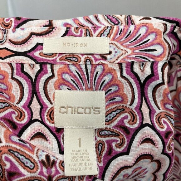 Chico's 100% Linen Colorful Paisley Floral Button Up Blouse No Iron size Medium - Picture 5 of 7